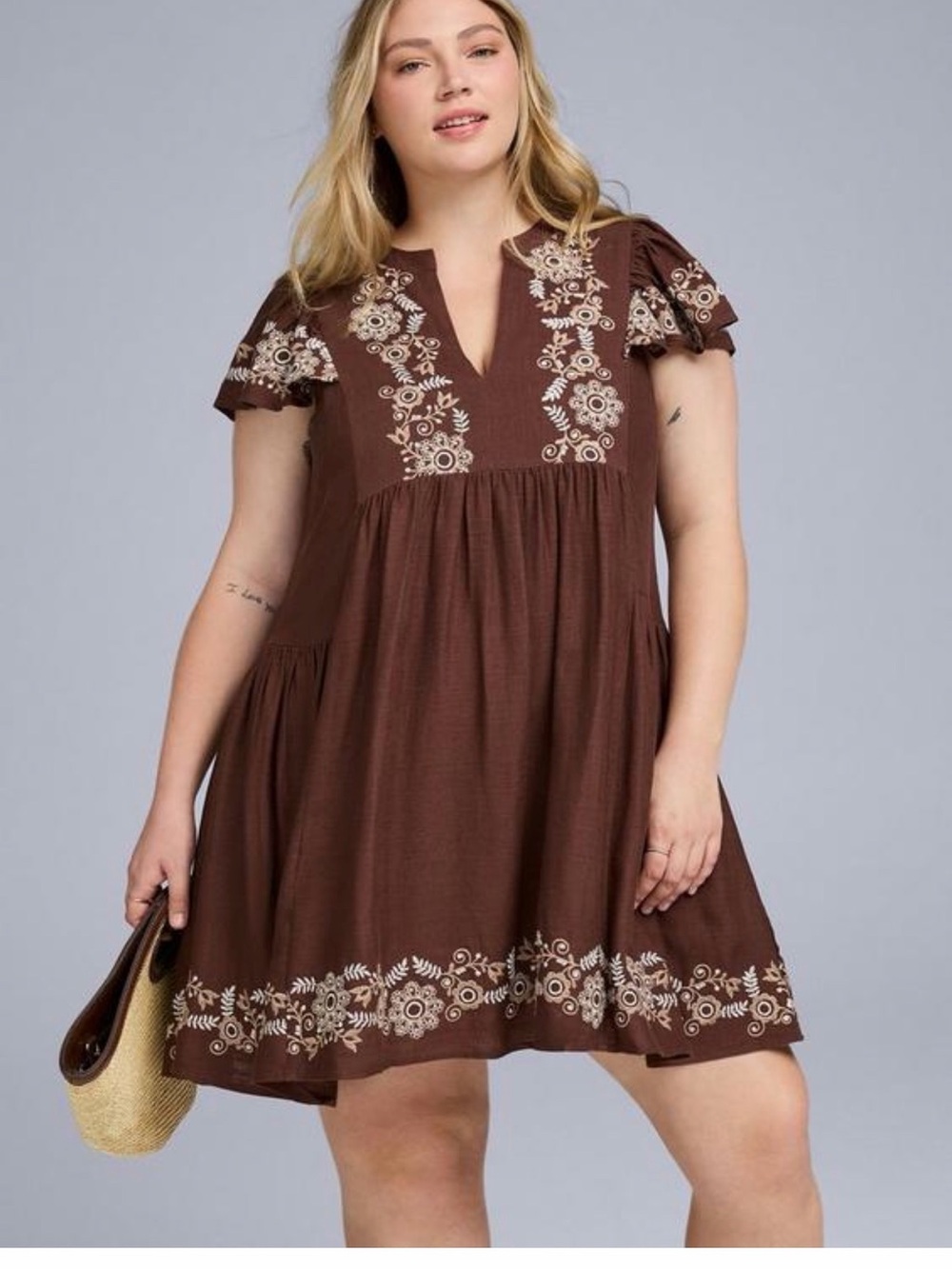 Brown Embroidered V-Neck Babydoll Dress - Brand